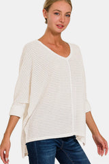Trendsi Zenana Full Size Round Neck High-Low Slit Knit Top - Shirts