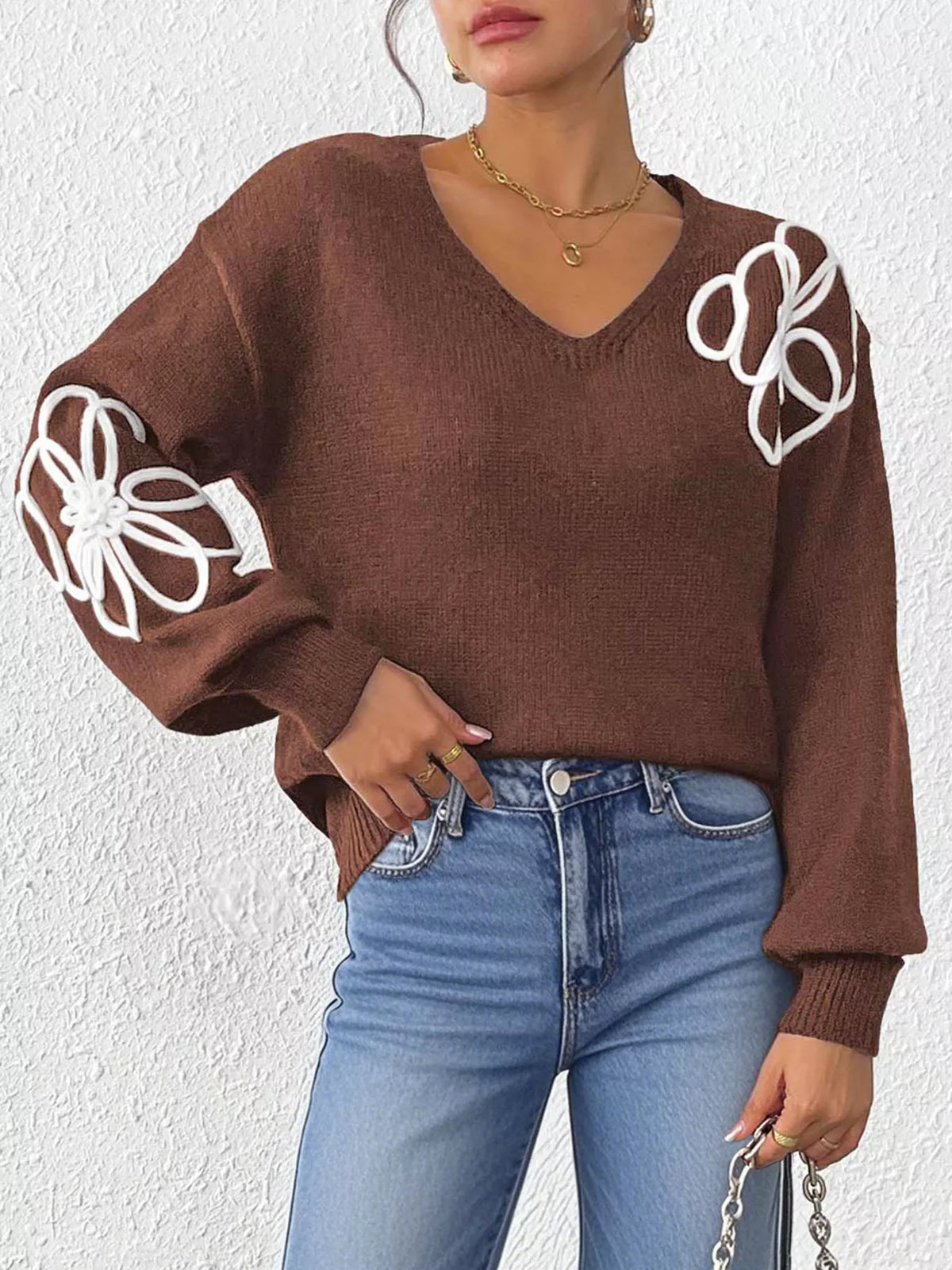 Flower V-neck dropped-shoulder sweater