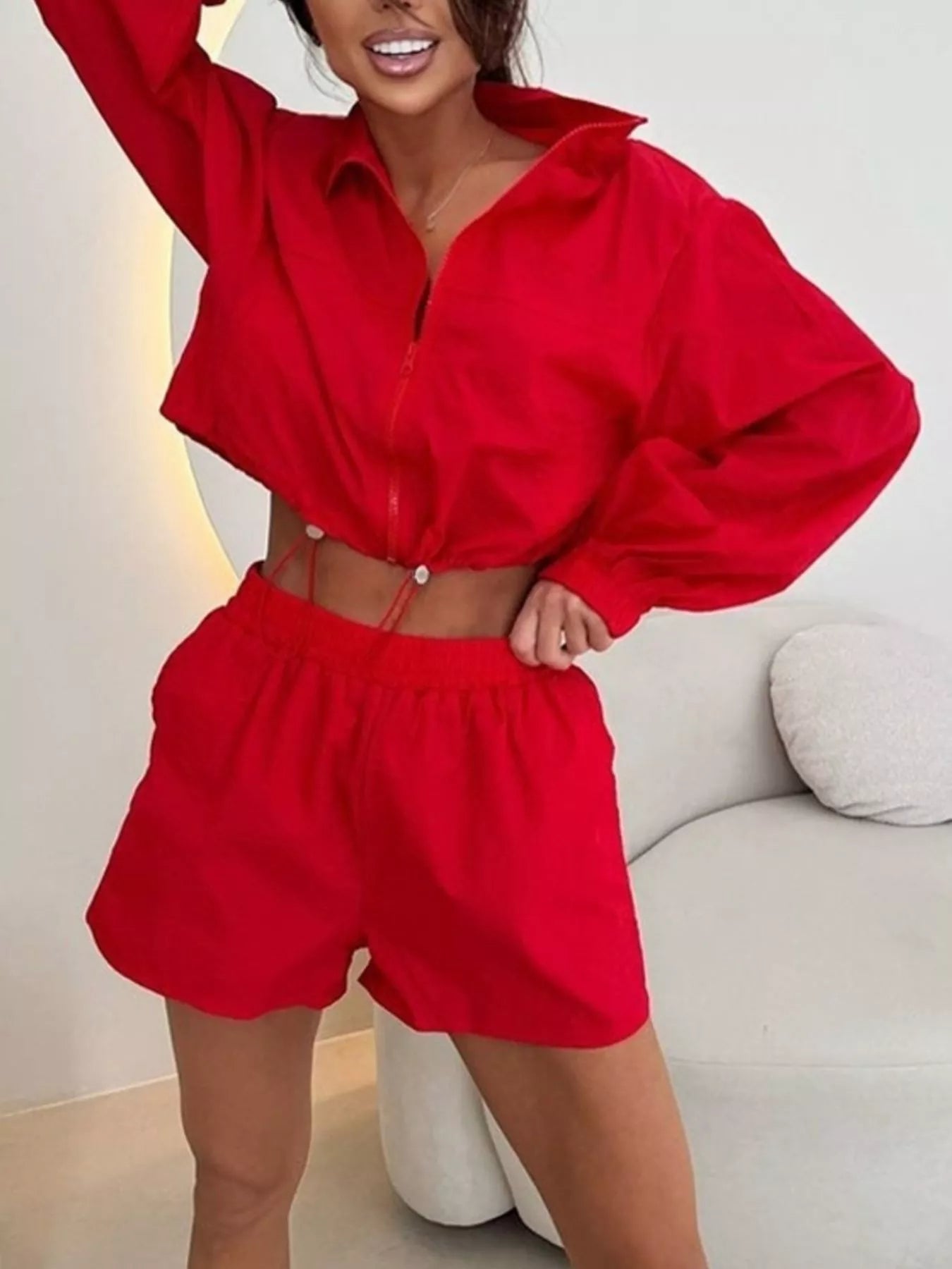 Trendsi Zip-Up Crop Jacket and High-Waisted Shorts Set -