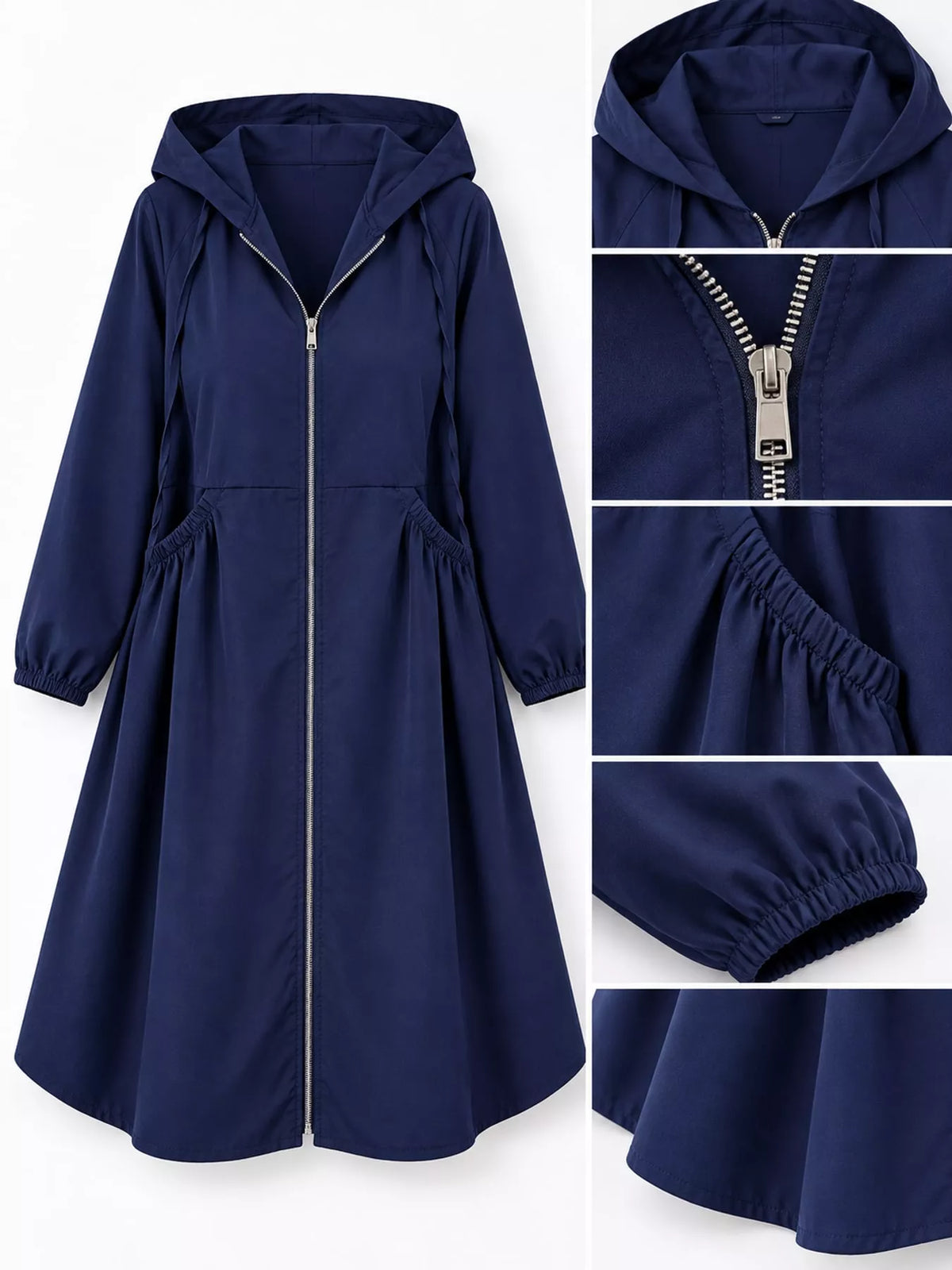 Hooded longline jacket, navy detail collage