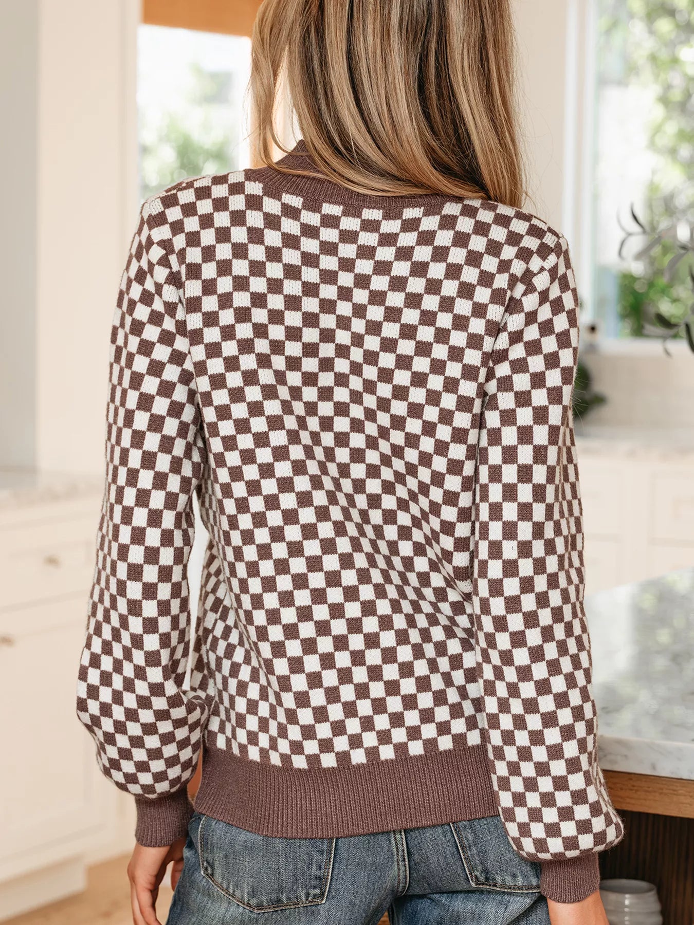 Trendsi Half Button Ribbed Trim Checkerboard Knit Sweater -