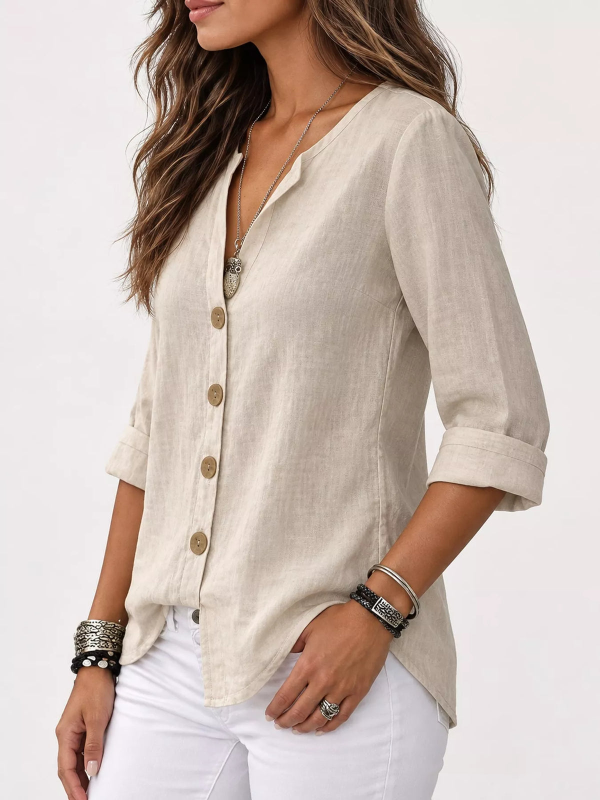 Notched-neck shirt, cream side