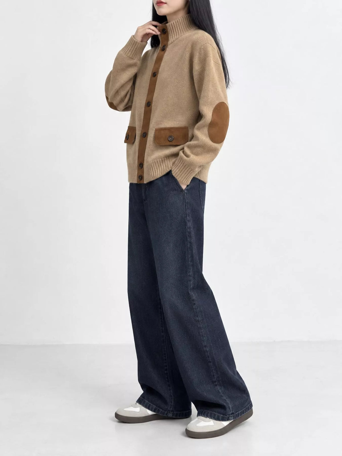 Ribbed-Knit Mock Neck Cardigan in camel, side view