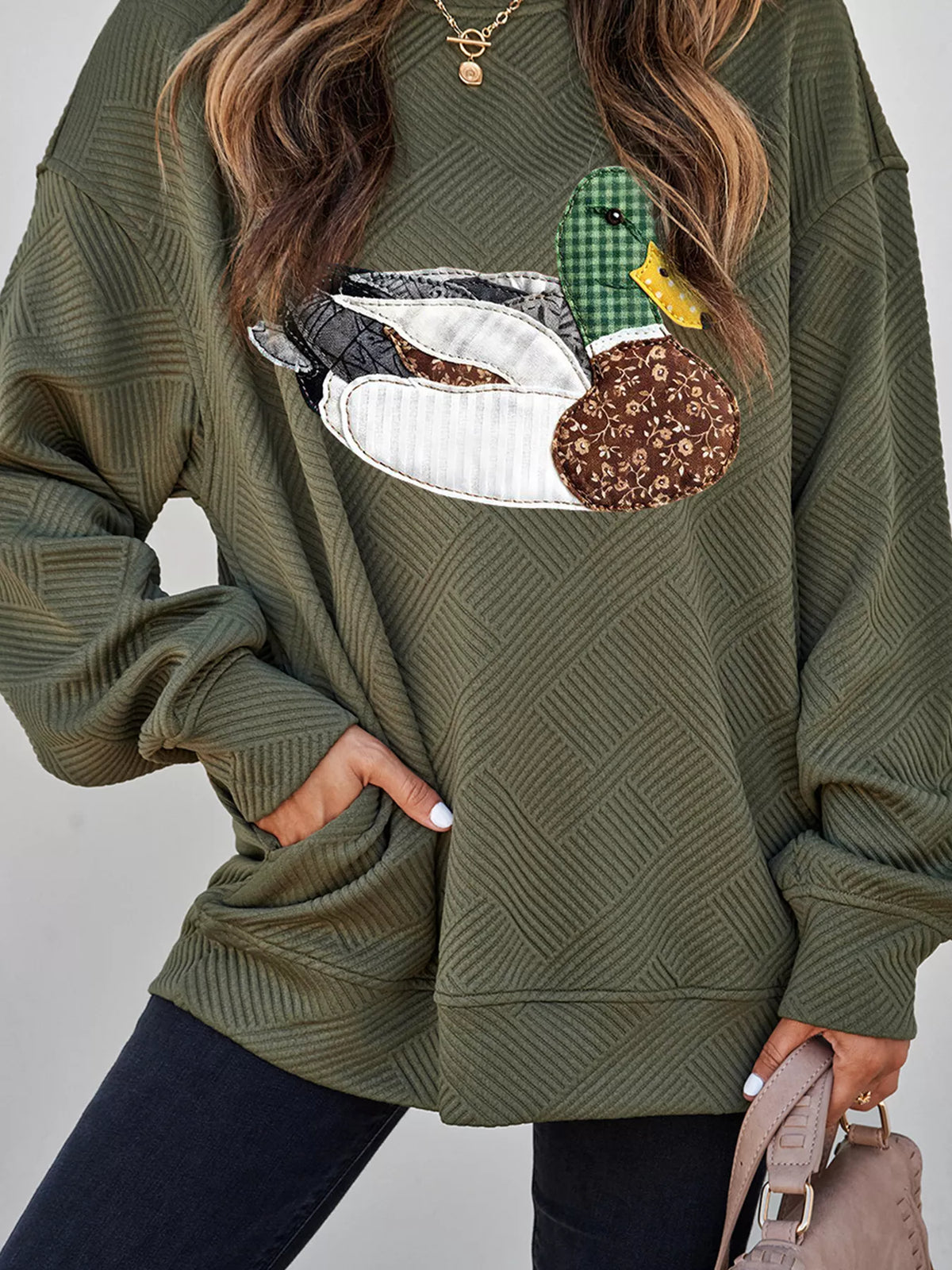 Black Forest mallard print textured crewneck relaxed sweatshirt