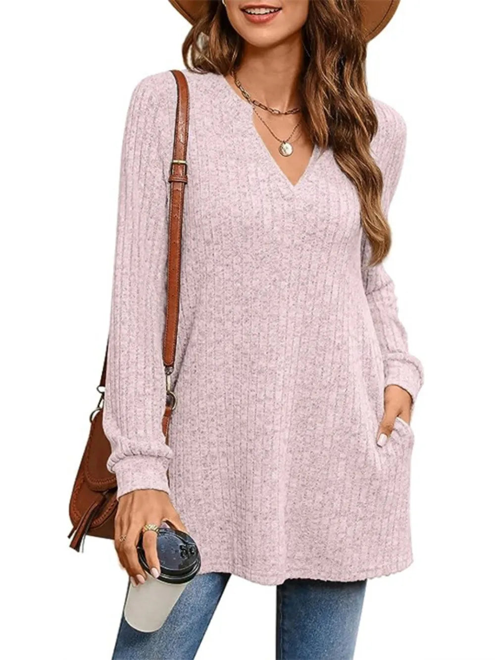 Trendsi Ribbed Notched Long Sleeve T-Shirt -