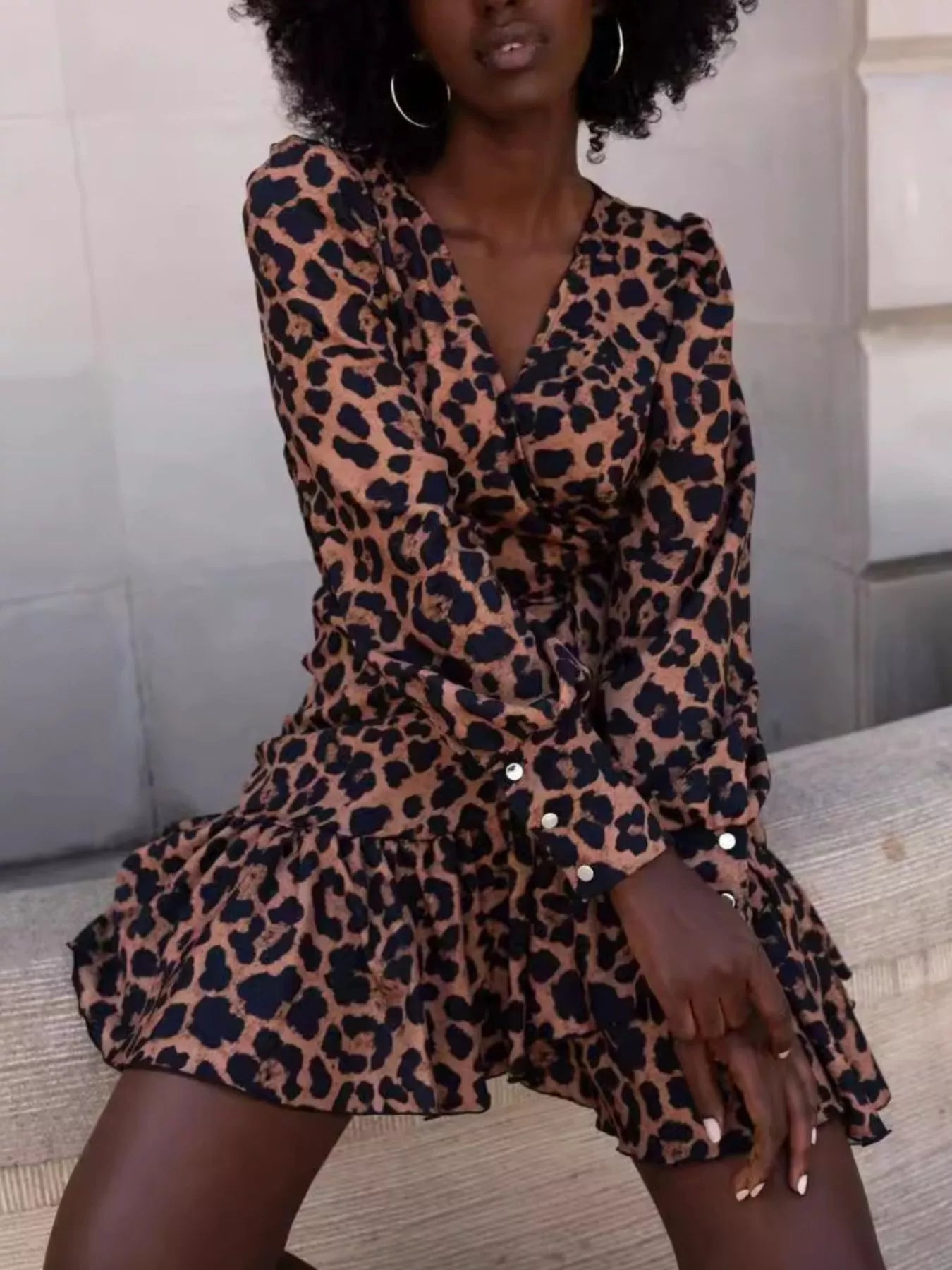 Trendsi Printed Surplice Long Sleeve Wrap Mini Dress -