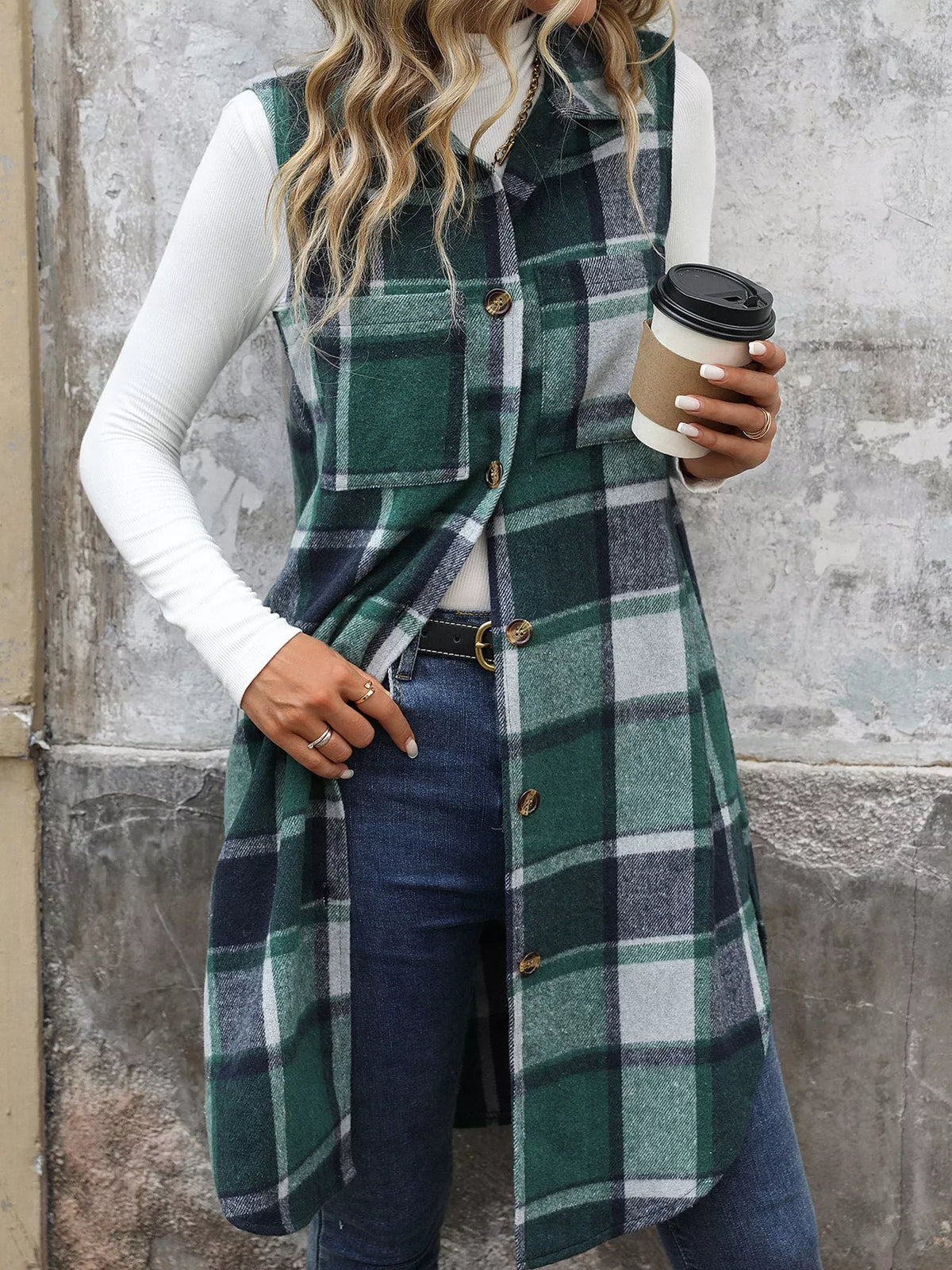 Longline Plaid Button-Down Vest Coat in green and white
