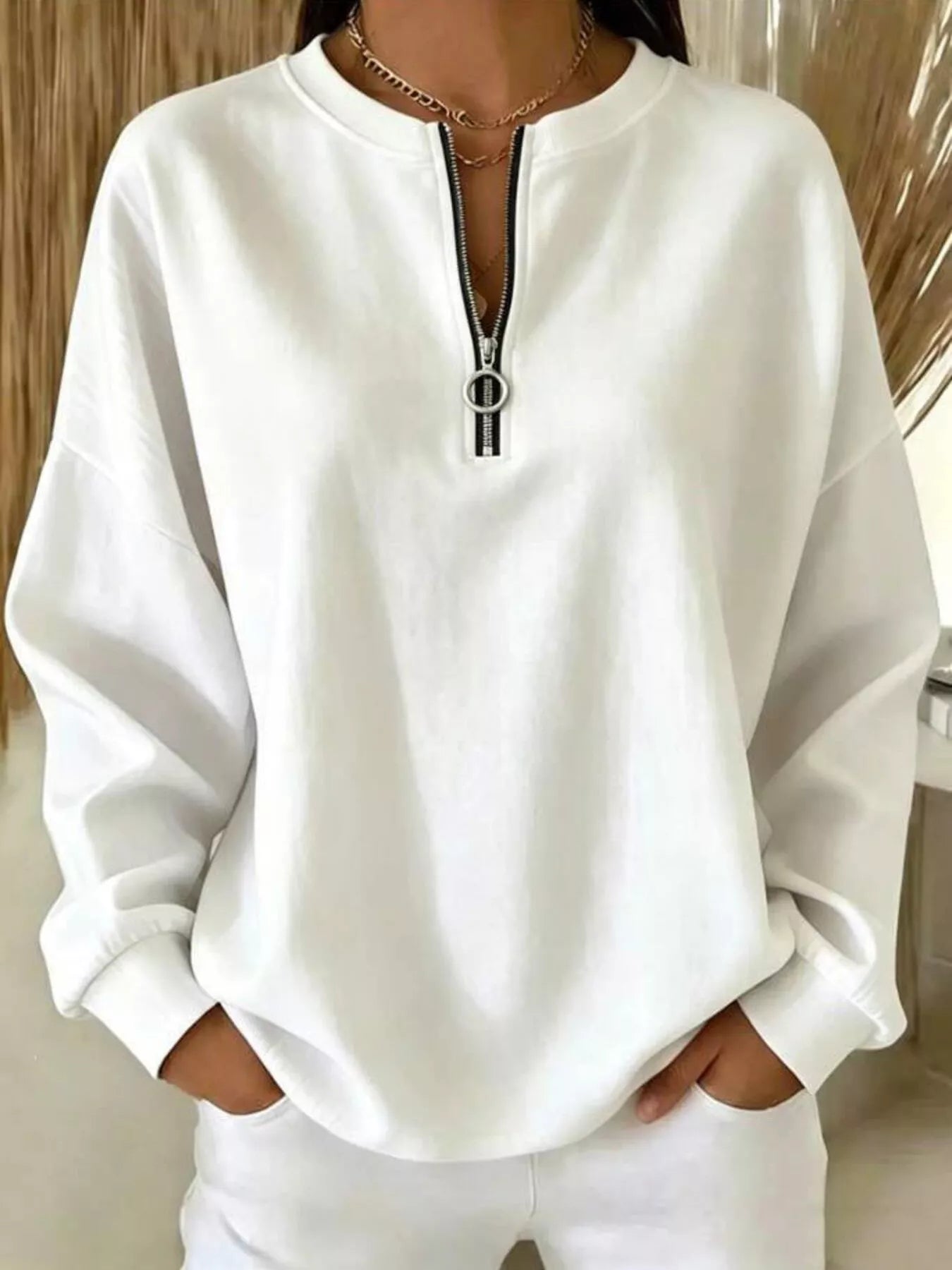 Trendsi Quarter-Zip Dropped Shoulder Sweatshirt -