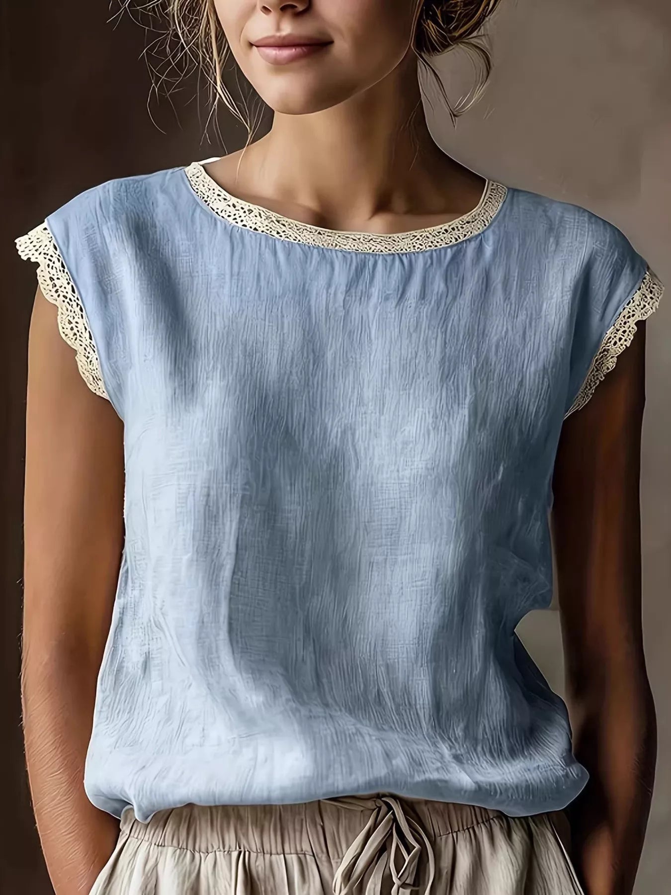 Trendsi Lace Trim Round Neck Sleeveless Blouse -
