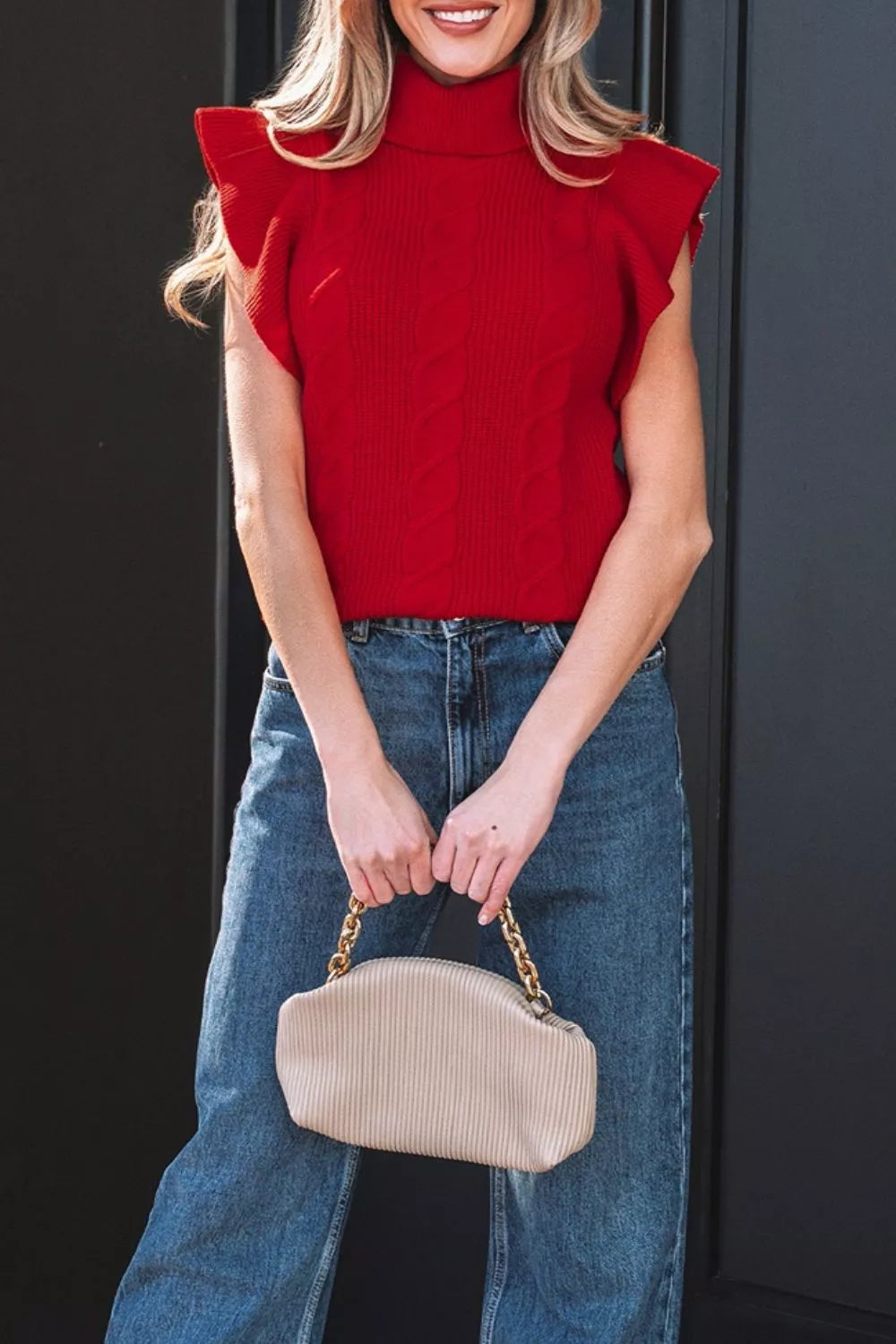 Trendsi Cable Knit Turtleneck Ruffled Short Sleeve Sweater -