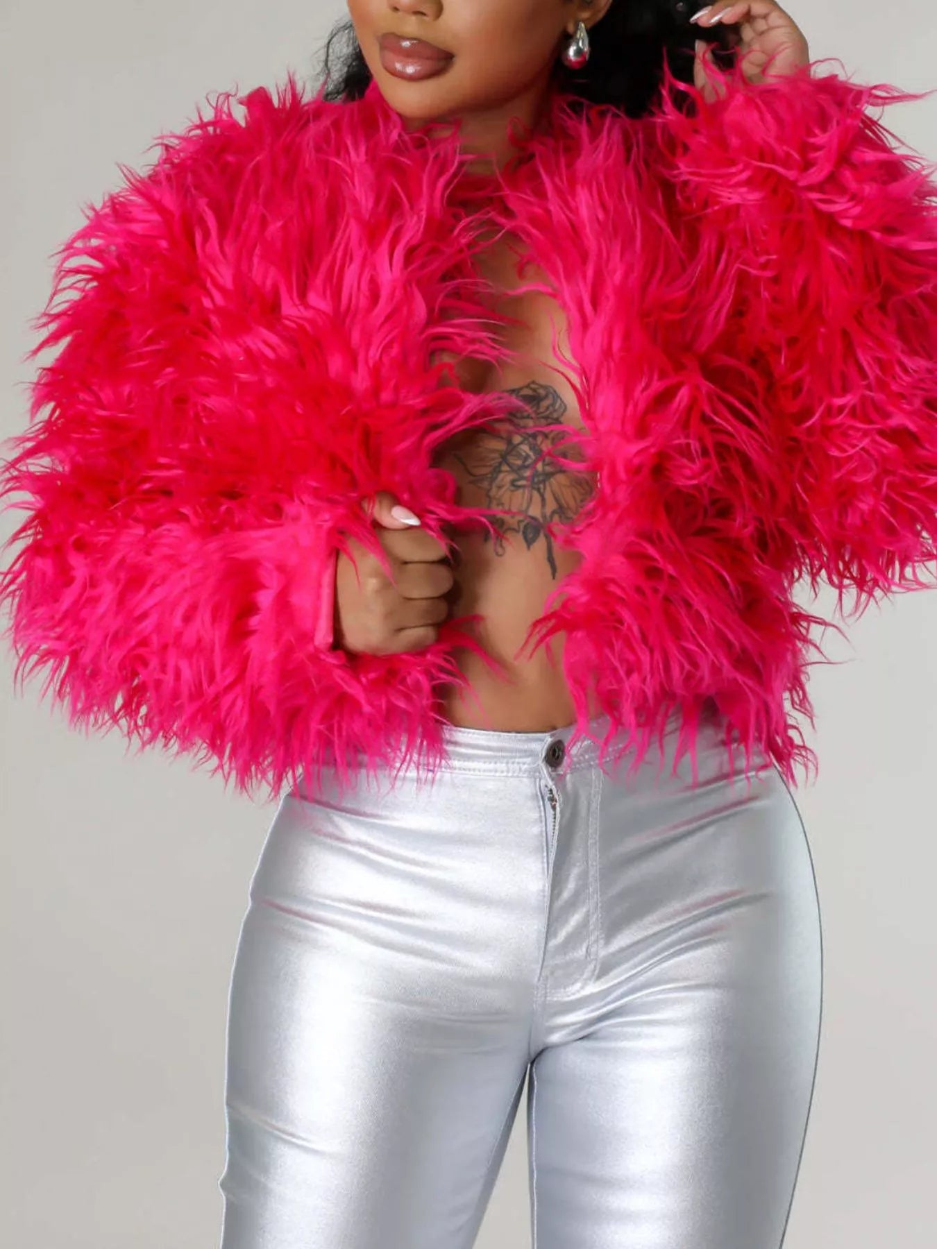 Trendsi Faux Fur Open Front Cropped Outerwear -