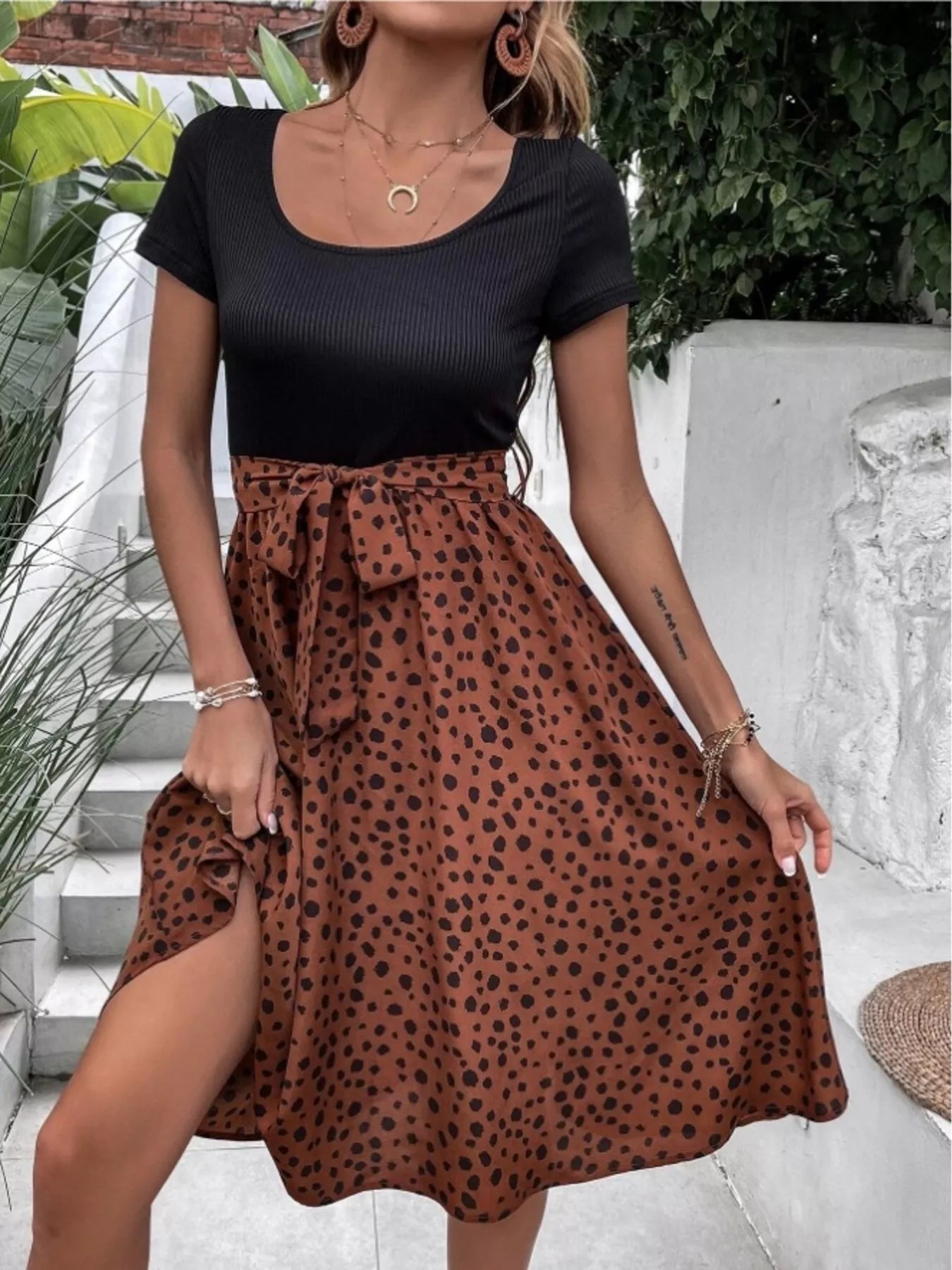 Trendsi Leopard Print Tie-Waist Dress -
