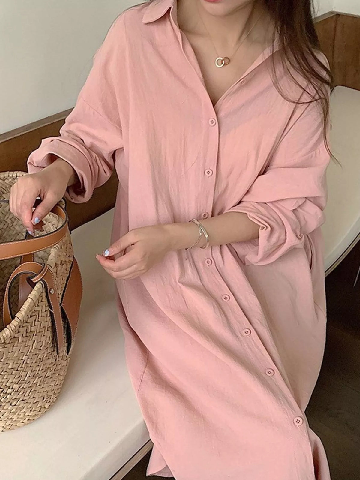 Collared long sleeve midi dress, front view on model