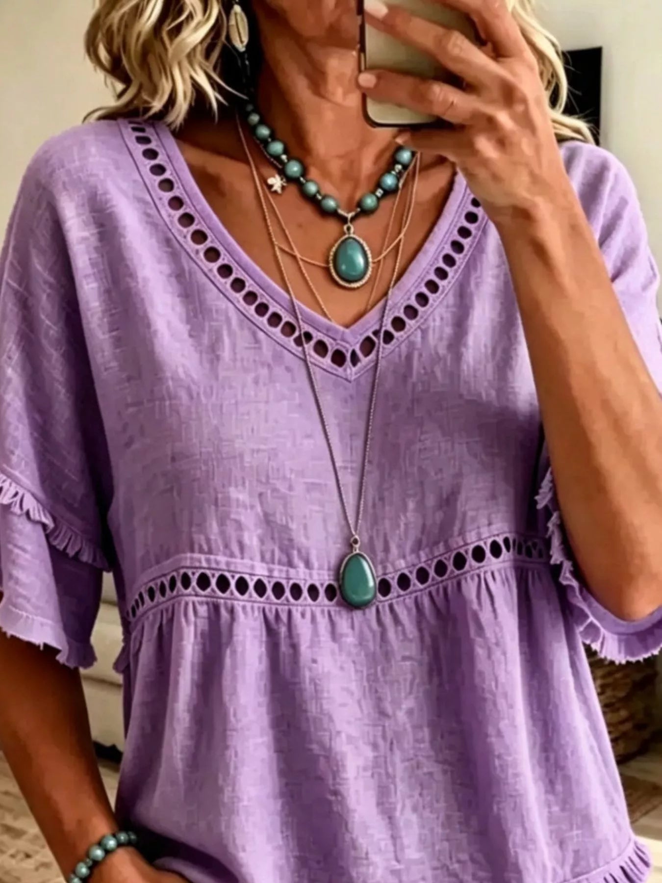 Trendsi Eyelet V-Neck Frayed Edge T-Shirt -