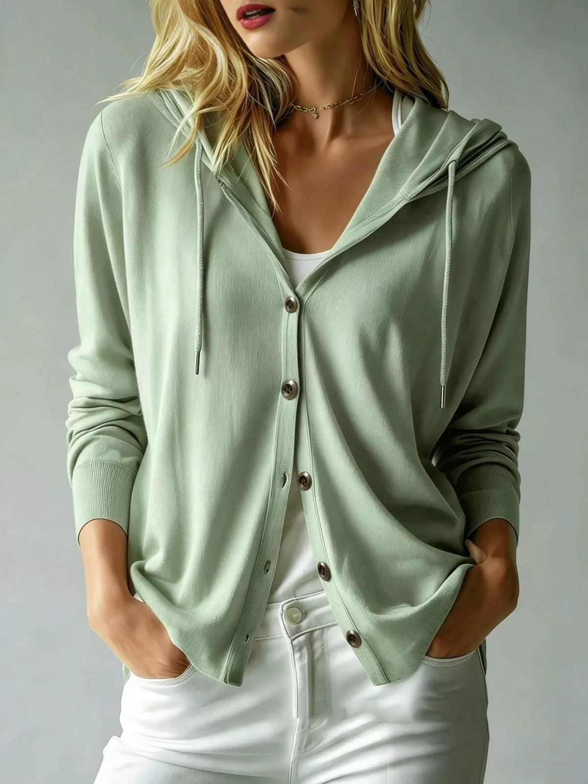 Army Green Drawstring-Hood Button-Down Cardigan with Pockets front view