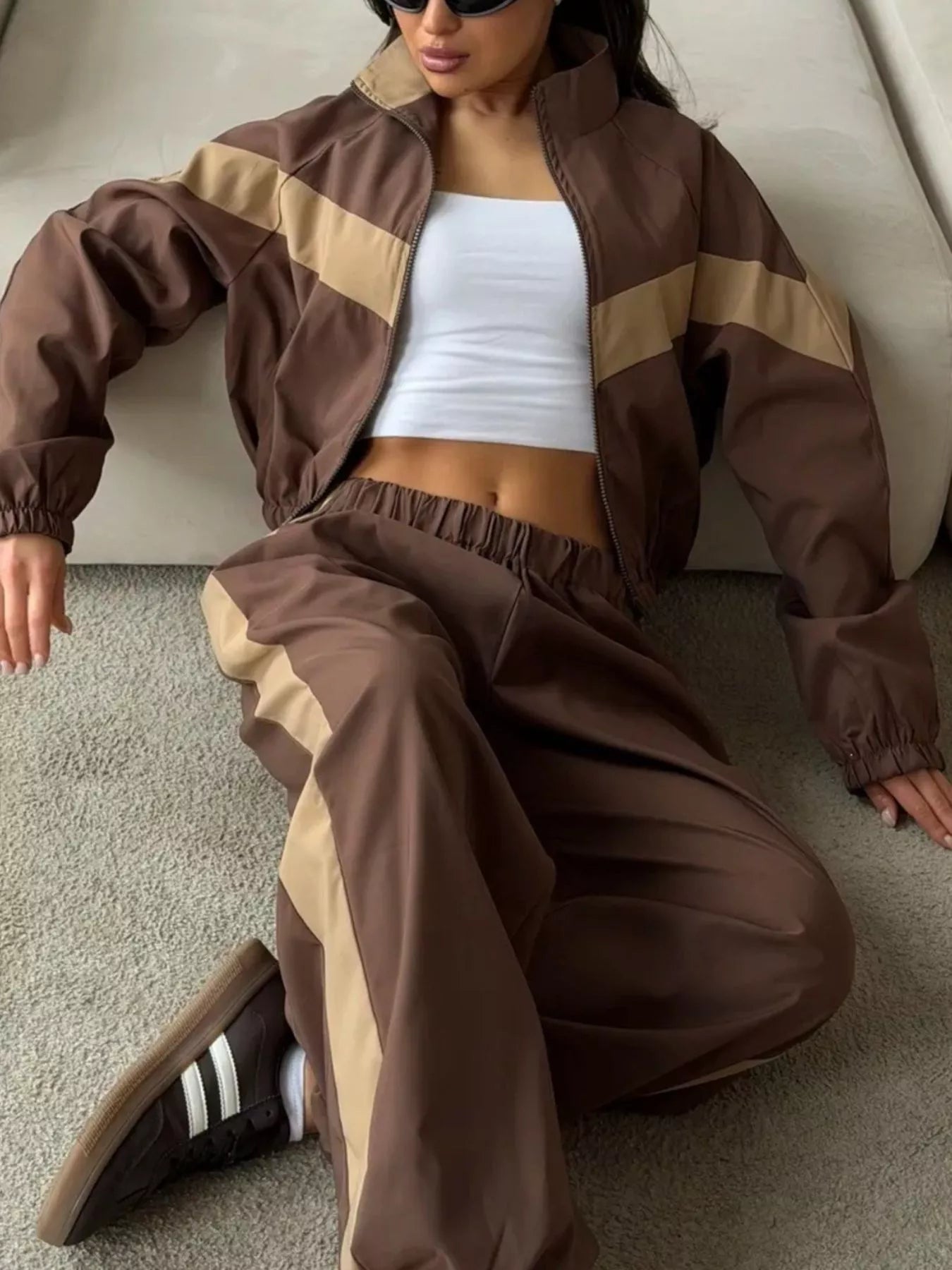 Trendsi Color Block Zip Up Outerwear and Pants Set -