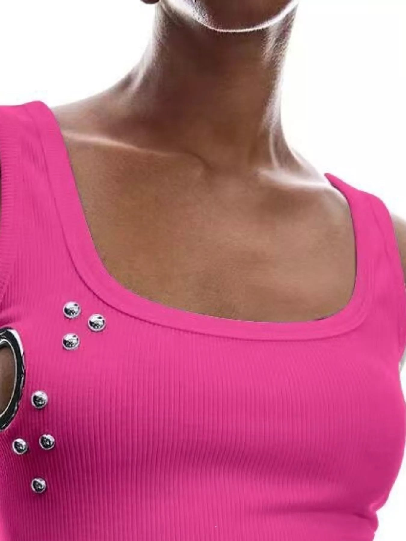 Trendsi Ribbed Tank Top with Metal Grommet Cutouts and Stud Embellishments -