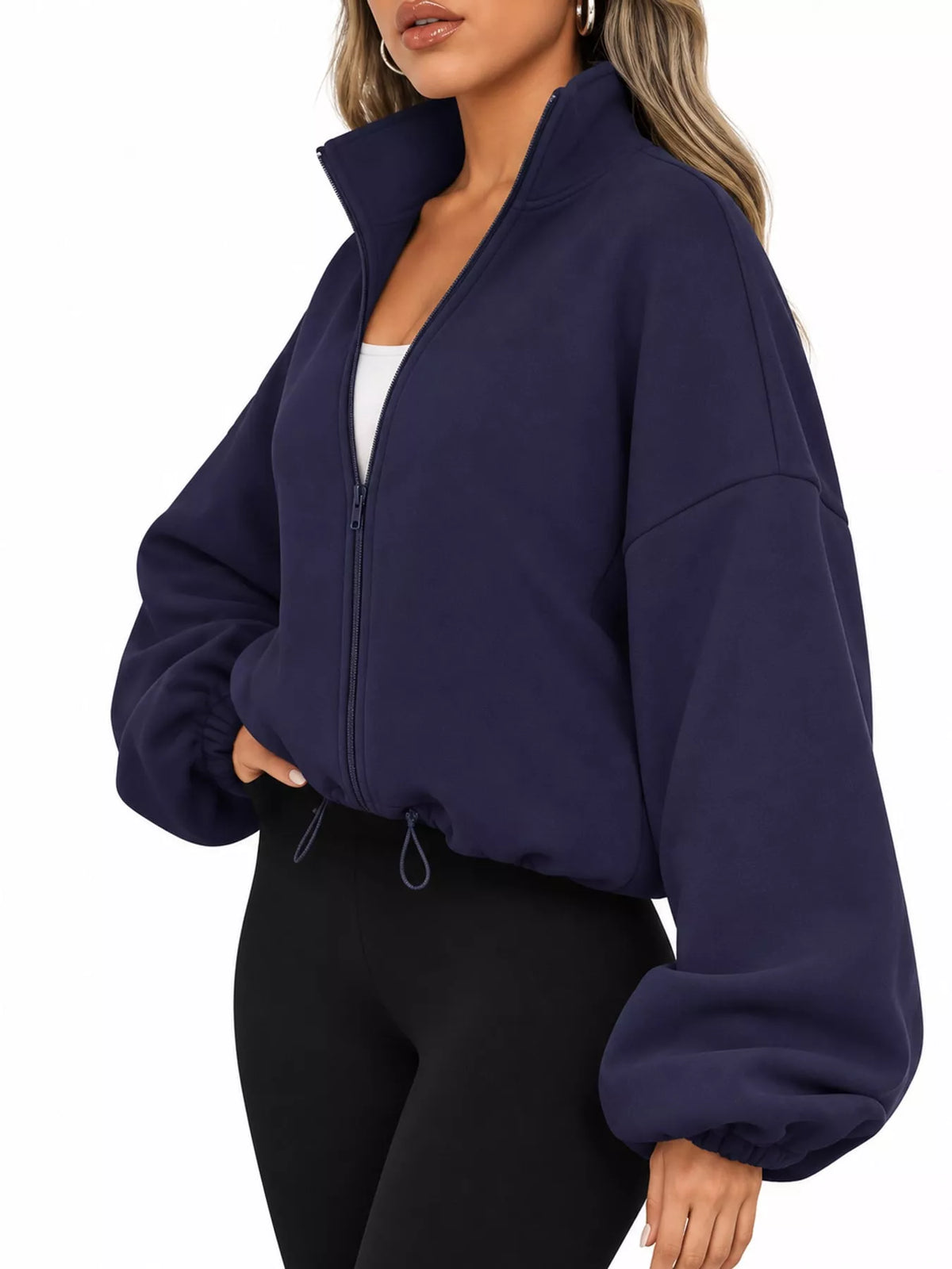 Navy drawstring hem zip-up jacket, side view