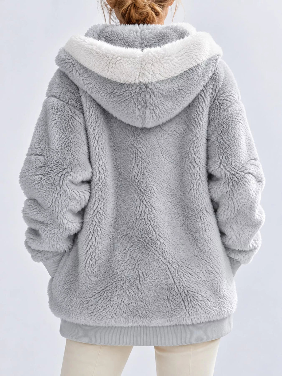 Gray with white hood trim faux fur zip up hooded jacket, back view