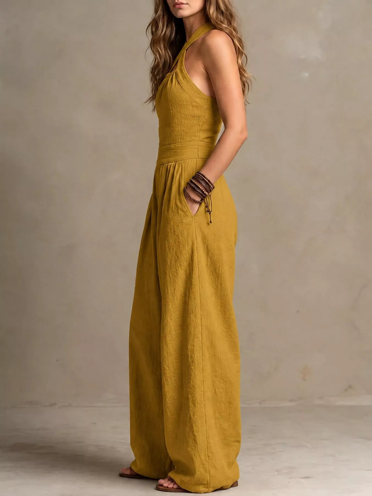 Wide-leg jumpsuit, mustard side