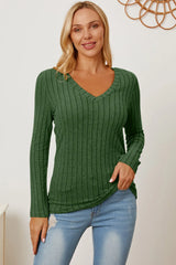 Trendsi Basic Bae Full Size Ribbed V-Neck Long Sleeve T-Shirt - Shirts