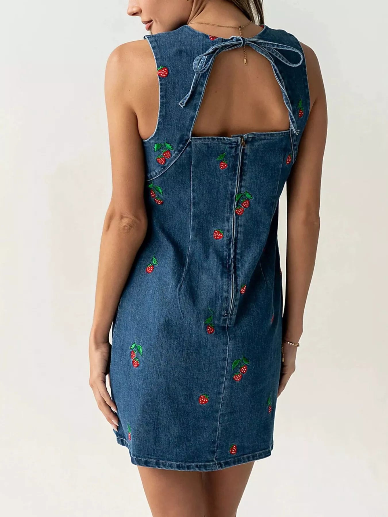 Trendsi Strawberry Embroidered Sleeveless Denim Dress -