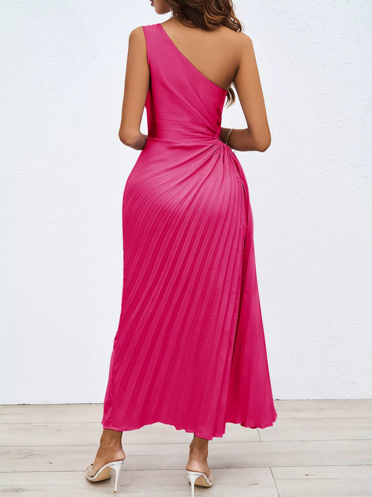 One-Shoulder Cutout Pleated Midi Dress, back view