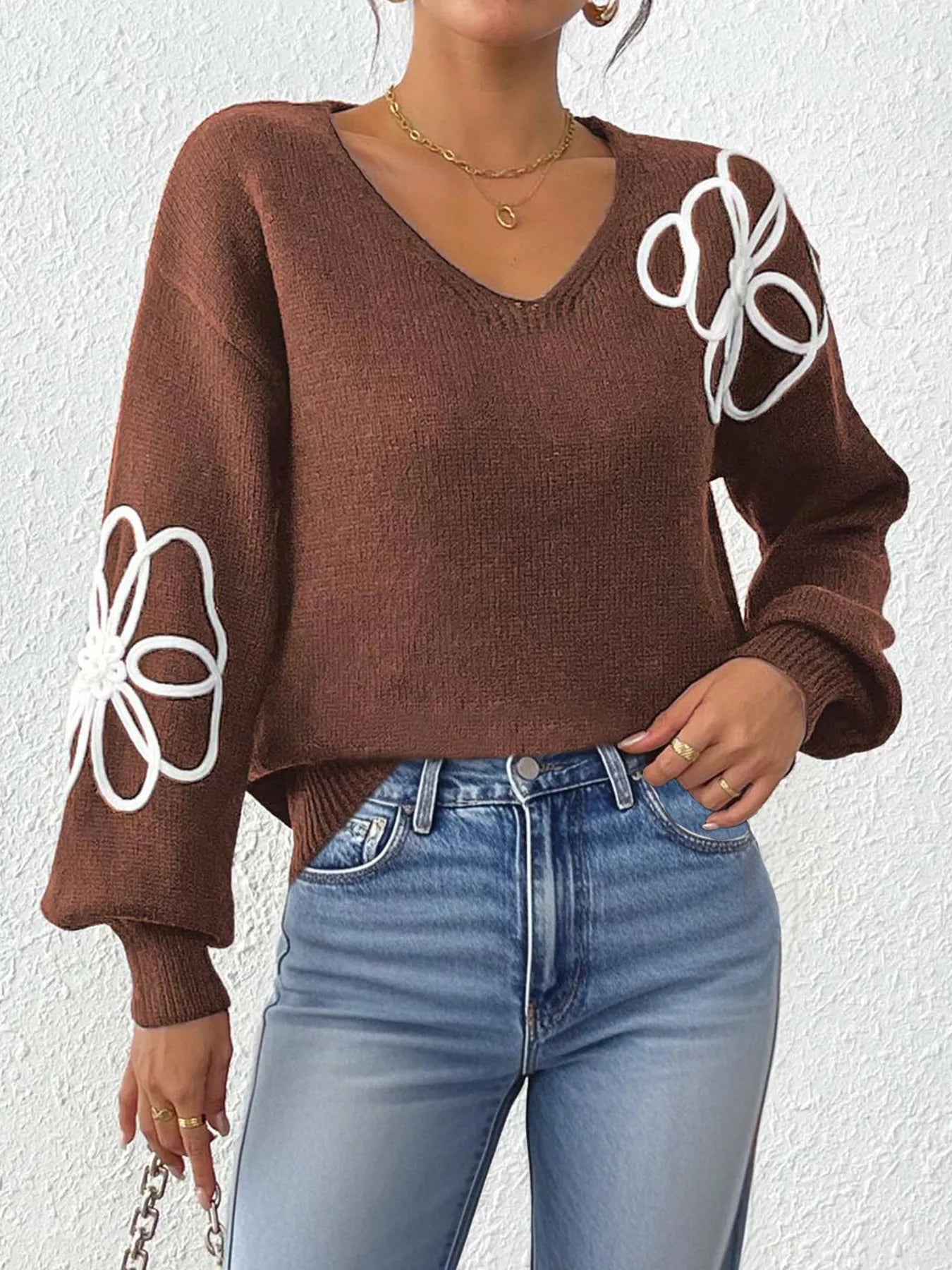 Flower V-neck dropped-shoulder sweater
