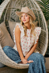 Trendsi BiBi Flower Printed Ruffle Sleeve Trim Detail Top -