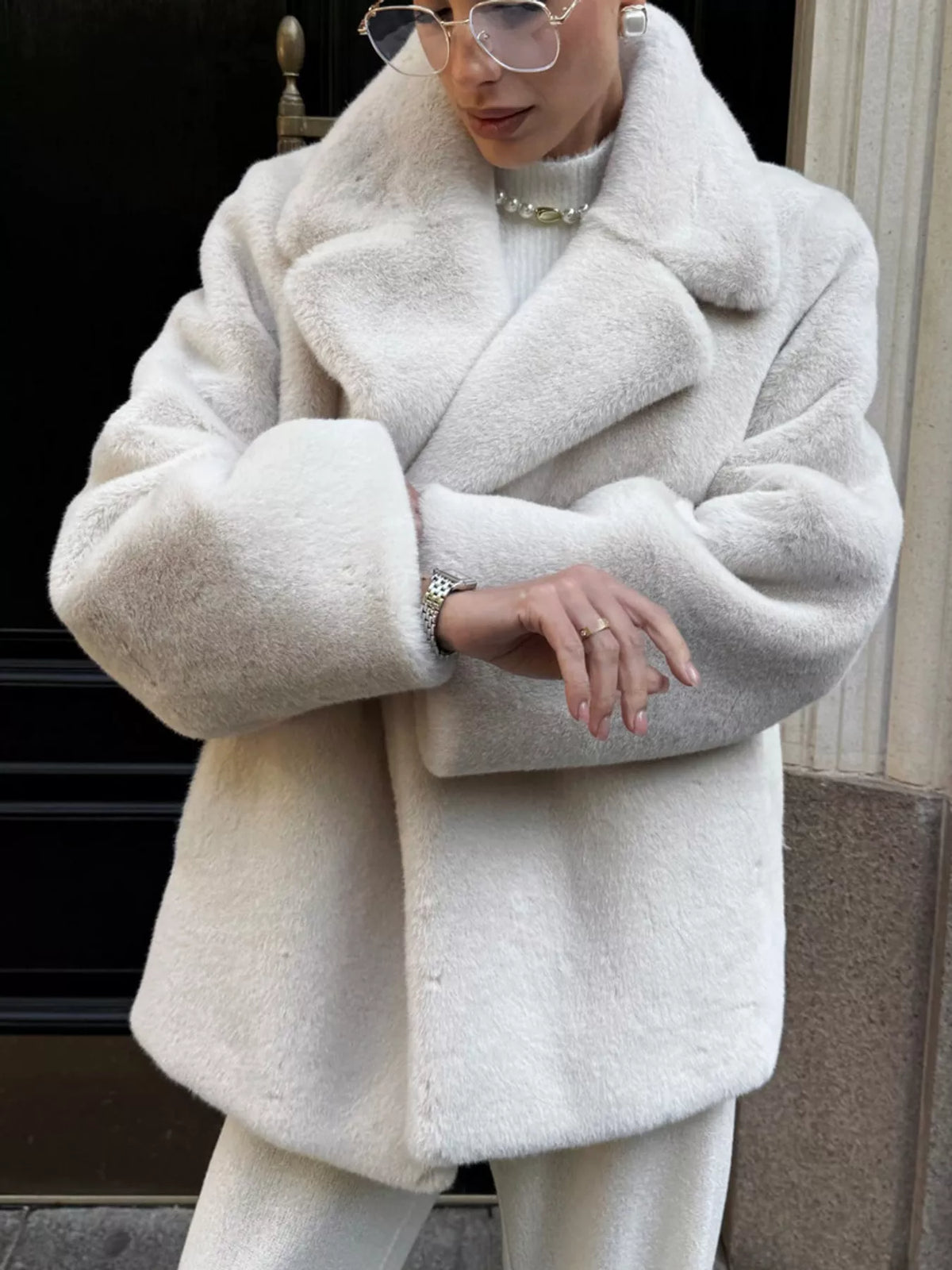 Faux Fur Open Front Coat in white