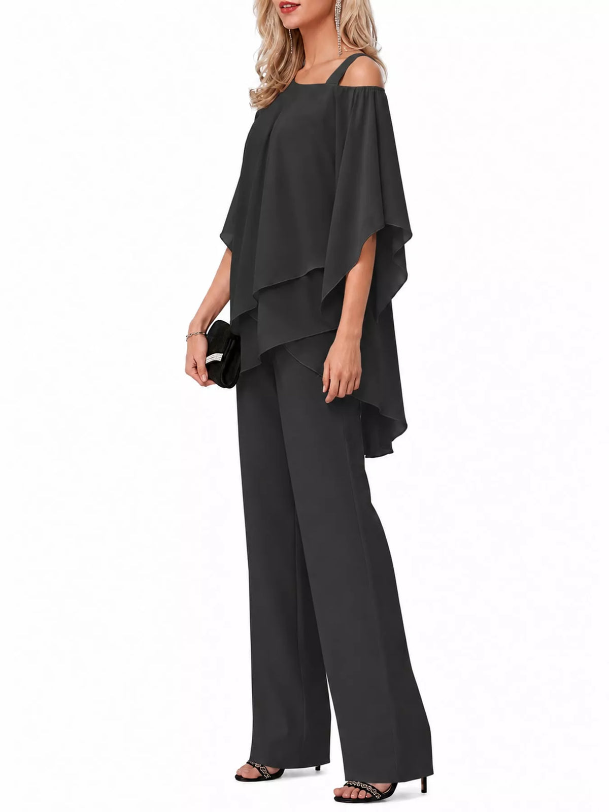 Cold-Shoulder Layered Top and Wide-Leg Pants Set — side view