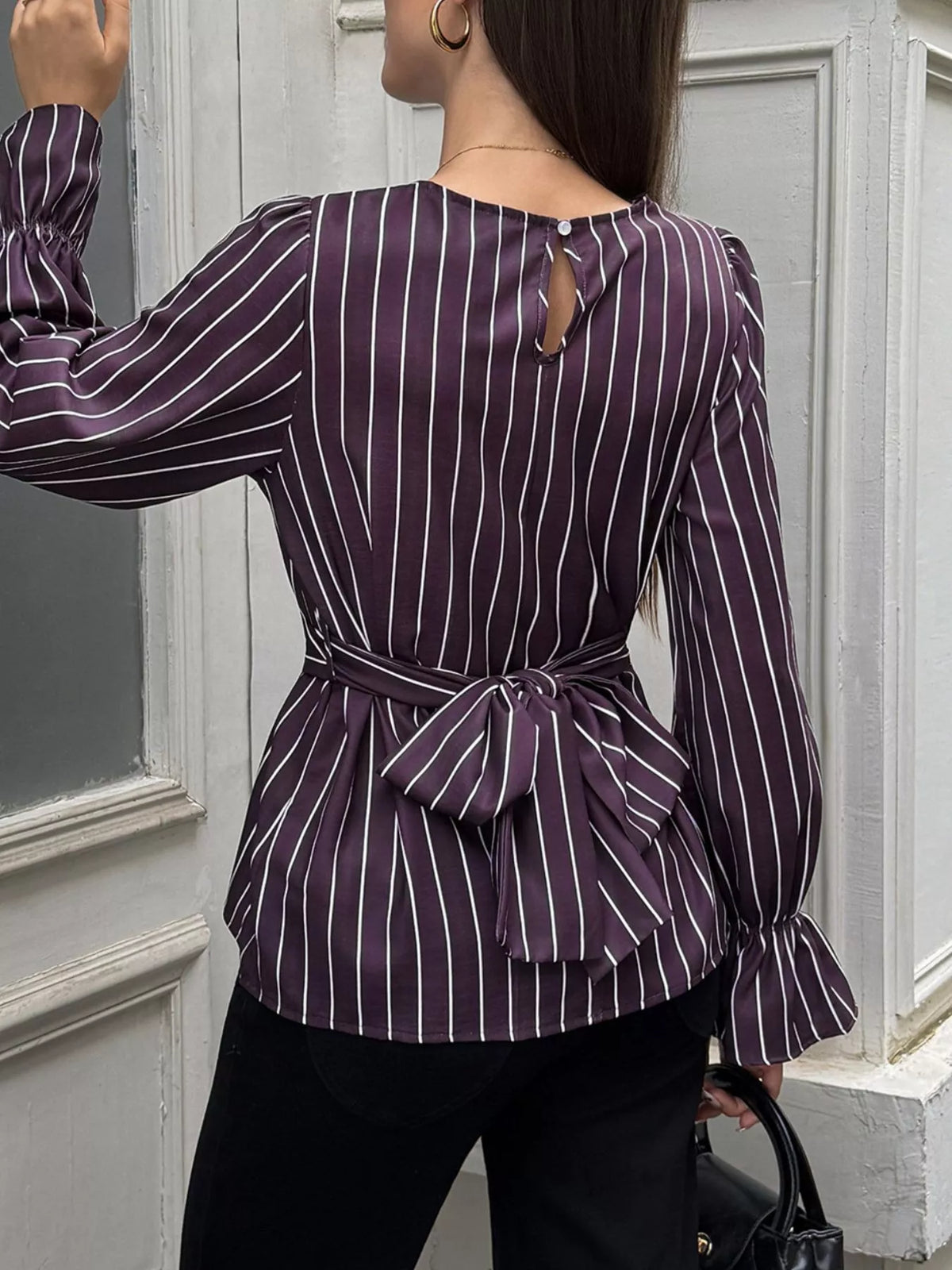 Striped Flounce Sleeves Blouse in purple striped, back and tie view