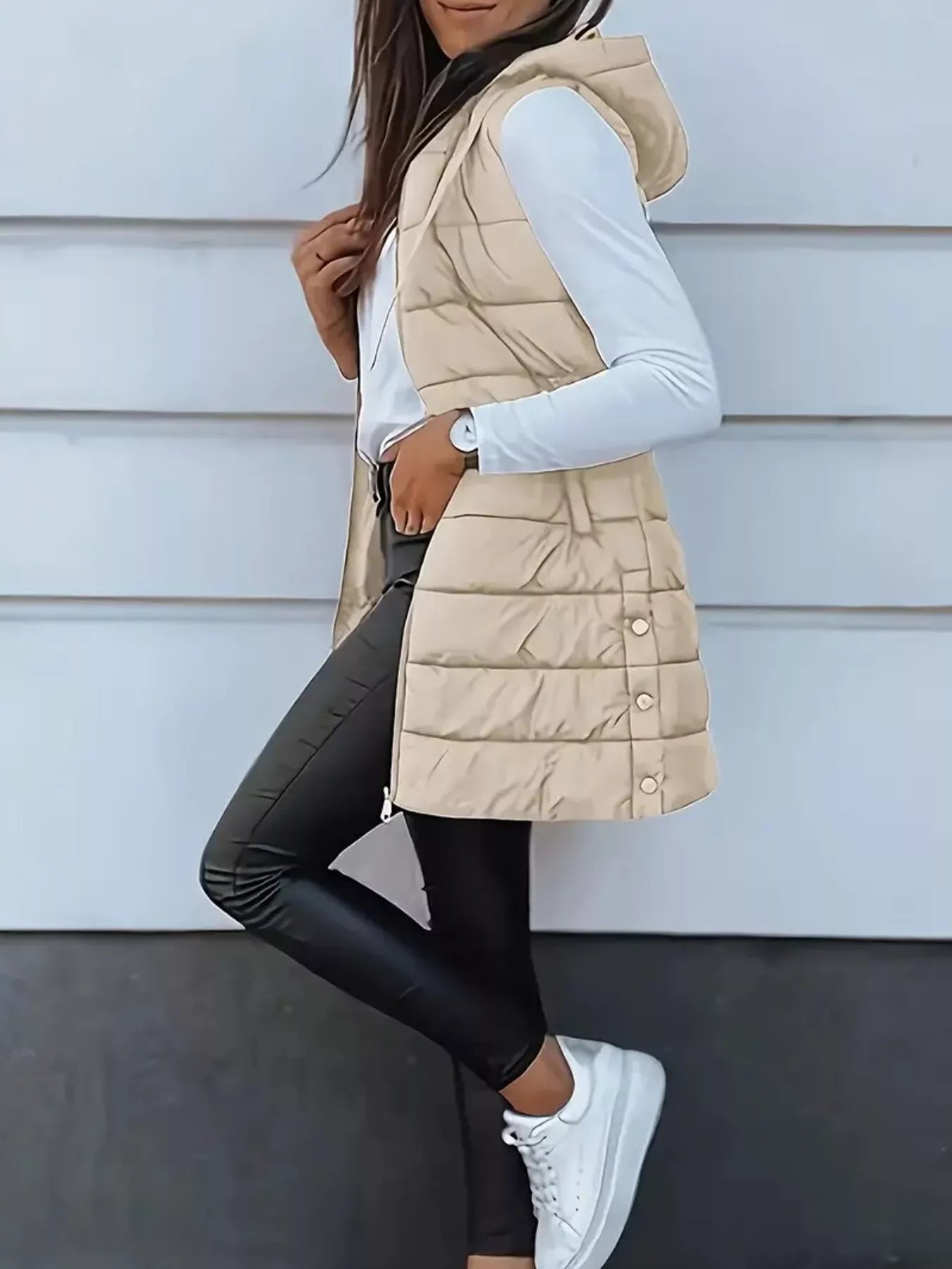 Trendsi Zip Up Longline Hooded Puffer Vest Coat -