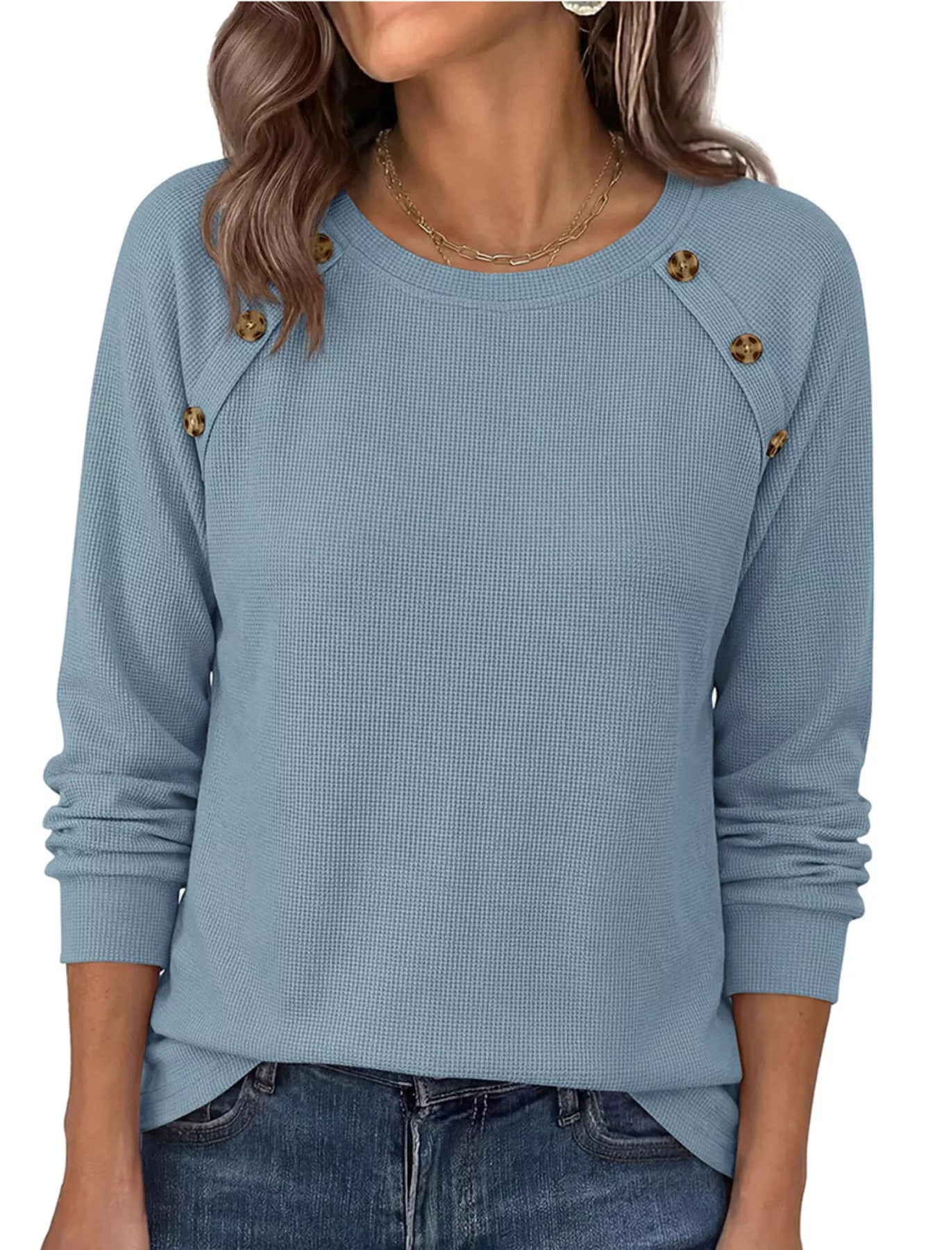 Trendsi Decorative Button Waffle Knit Long Sleeve T-Shirt -