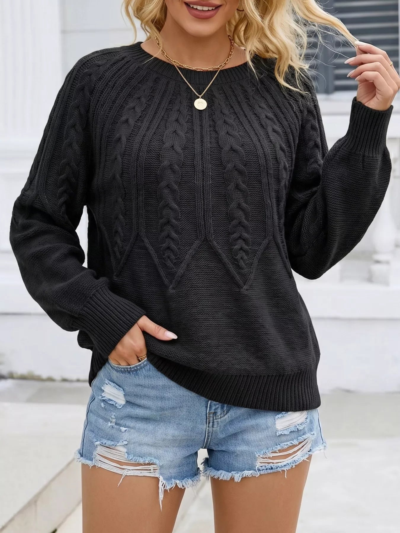 Trendsi Cable-Knit Round Neck Sweater -