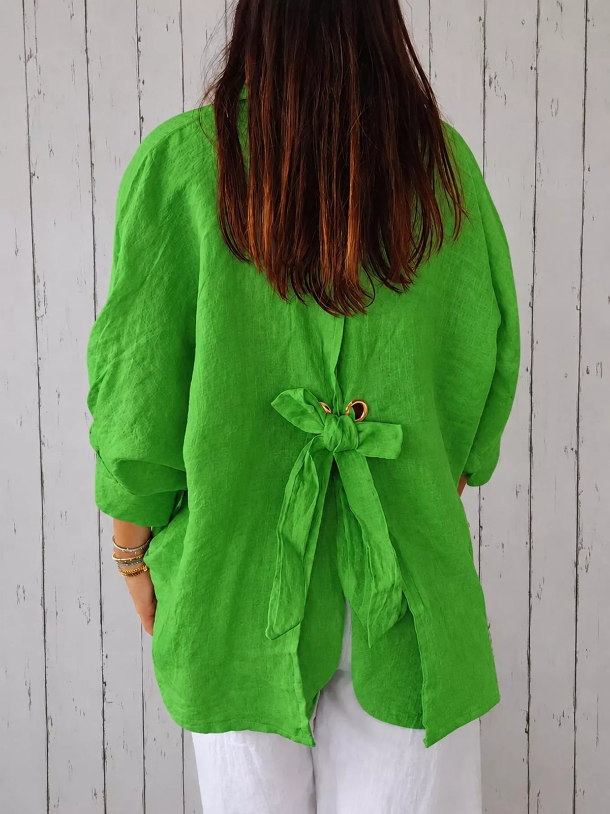 Green loose fit tie back shirt, back view
