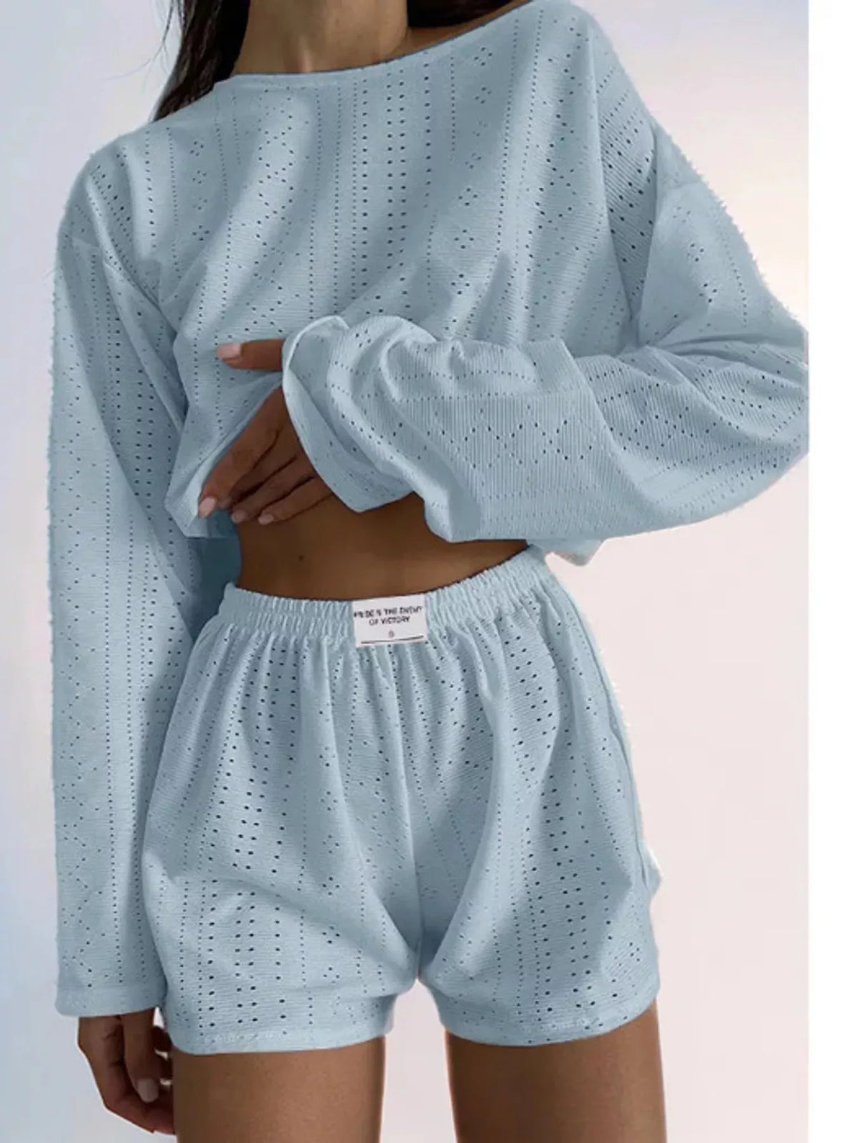 Eyelet Long Sleeve Top and Shorts Lounge Set in light blue
