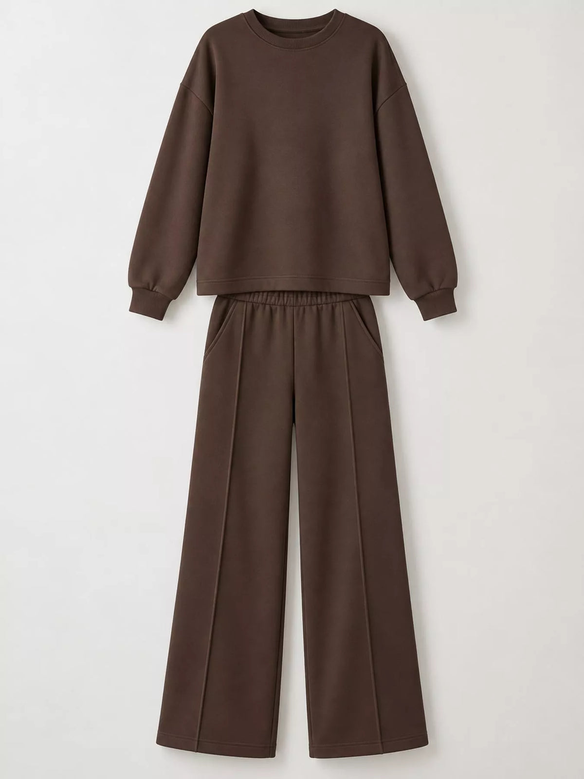 Brown oversized sweatshirt and wide-leg pants set — front view