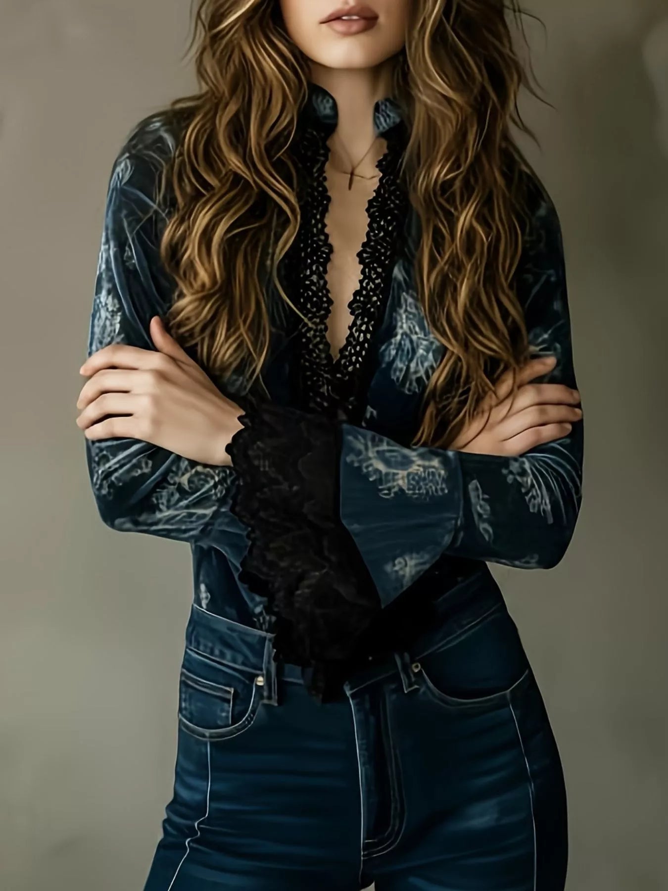 Trendsi Lace Trim Flare Sleeves Blouse -