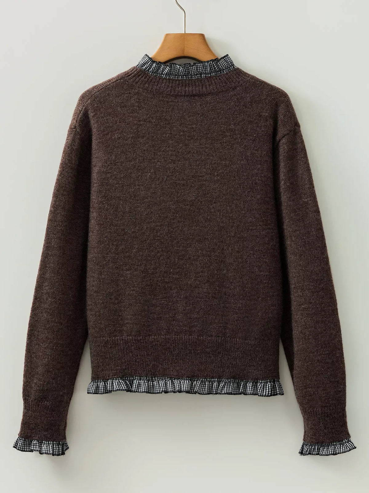 Contrast Plaid Ruffle Trim Pullover Sweater — garment back