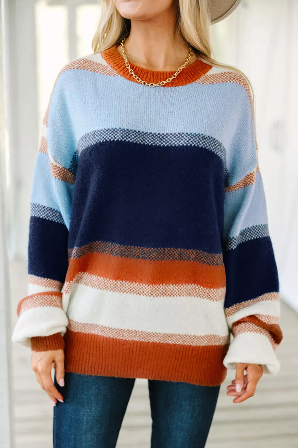 Trendsi Color Block Round Neck Tunic Sweater -