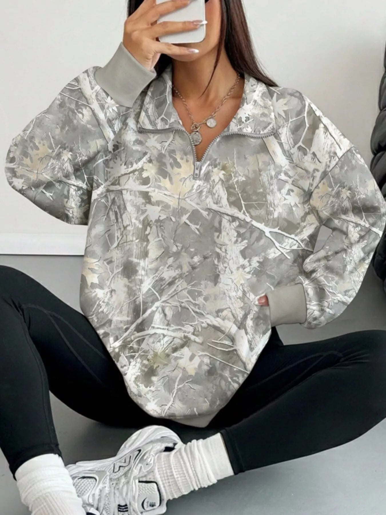 Trendsi Quarter-Zip Printed Sweatshirt with Ribbed Cuffs -
