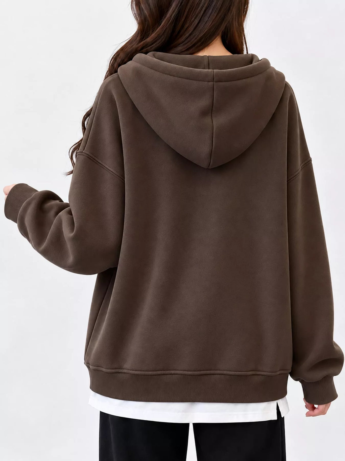 Brown layered look dropped shoulder hoodie, back view