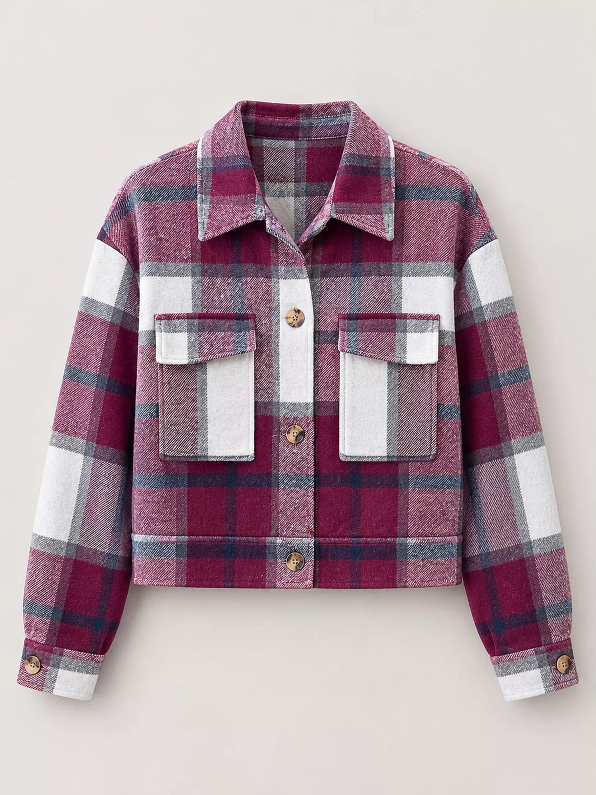 Plaid cropped jacket, burgundy plaid hanging front