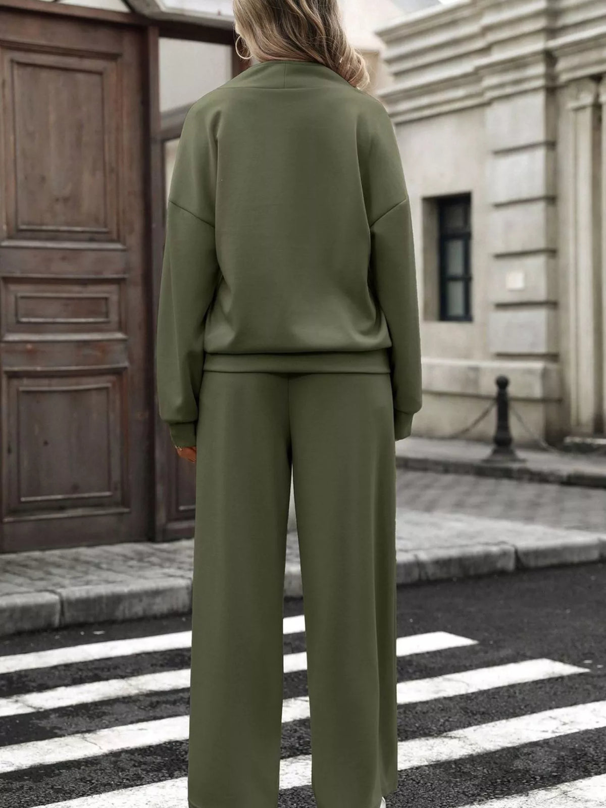 Trendsi Half Zip Sweatshirt and Wide-Leg Pants Set -