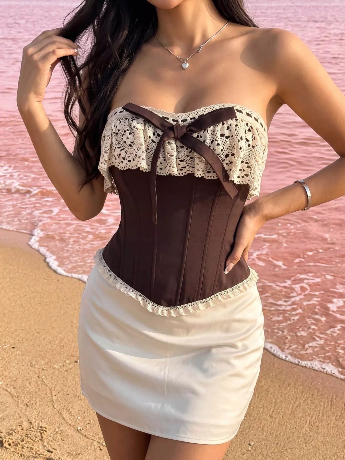 Trendsi Crochet Lace Strapless Boned Corset Lace‑Up Waist Cincher Tube Top -
