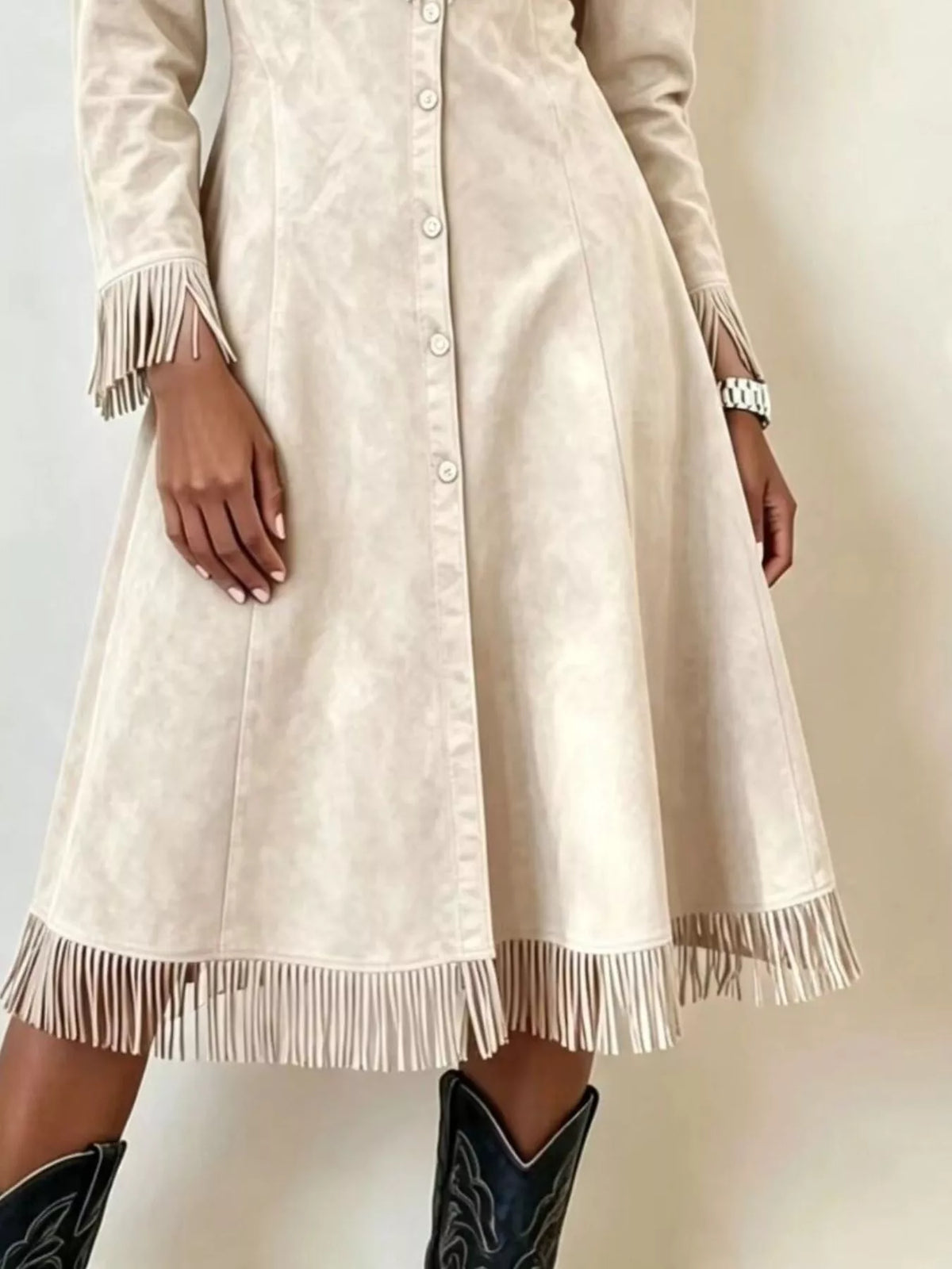 Long Fringe Button-Front Jacket in beige, front view