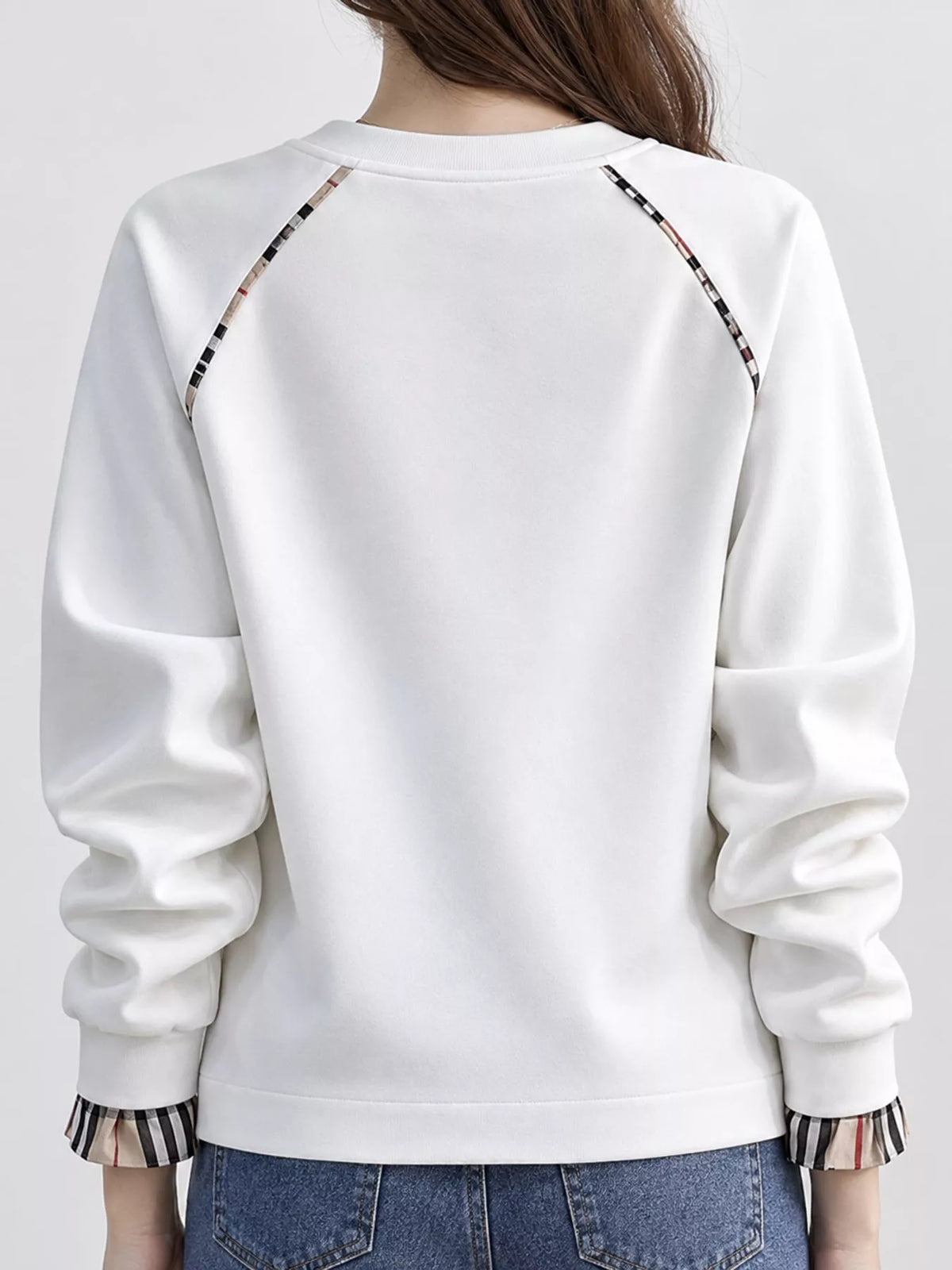 Plaid-trim sweatshirt, white back