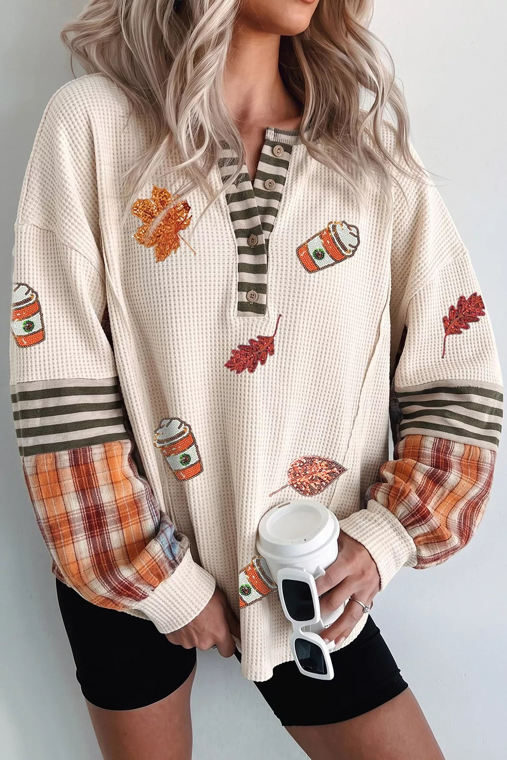 Trendsi Sequin Autumn Leaf & Coffee Cup Waffle Knit Top -