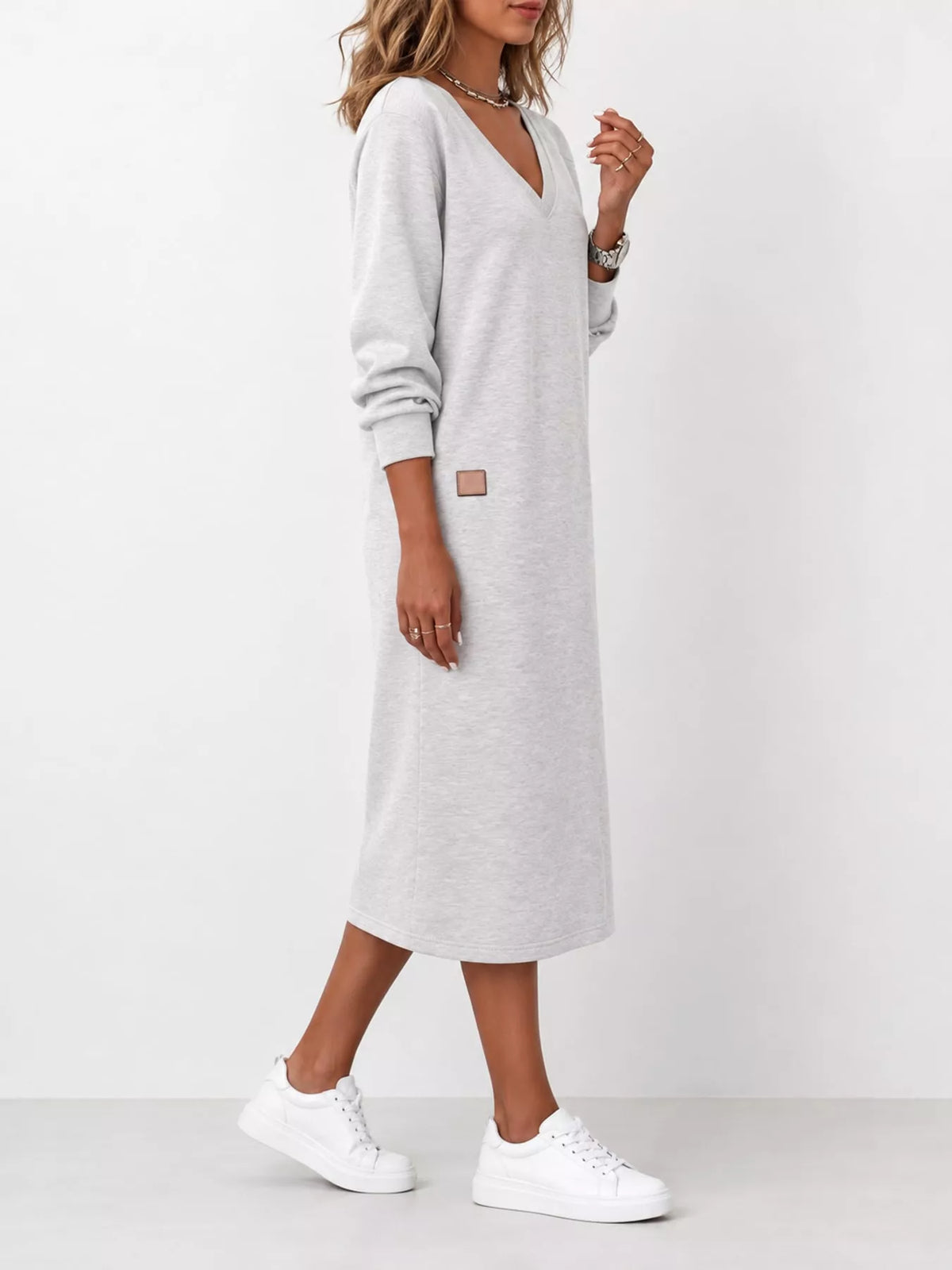 Women's V-Neck Long Sleeve Midi Dress in gray — side view